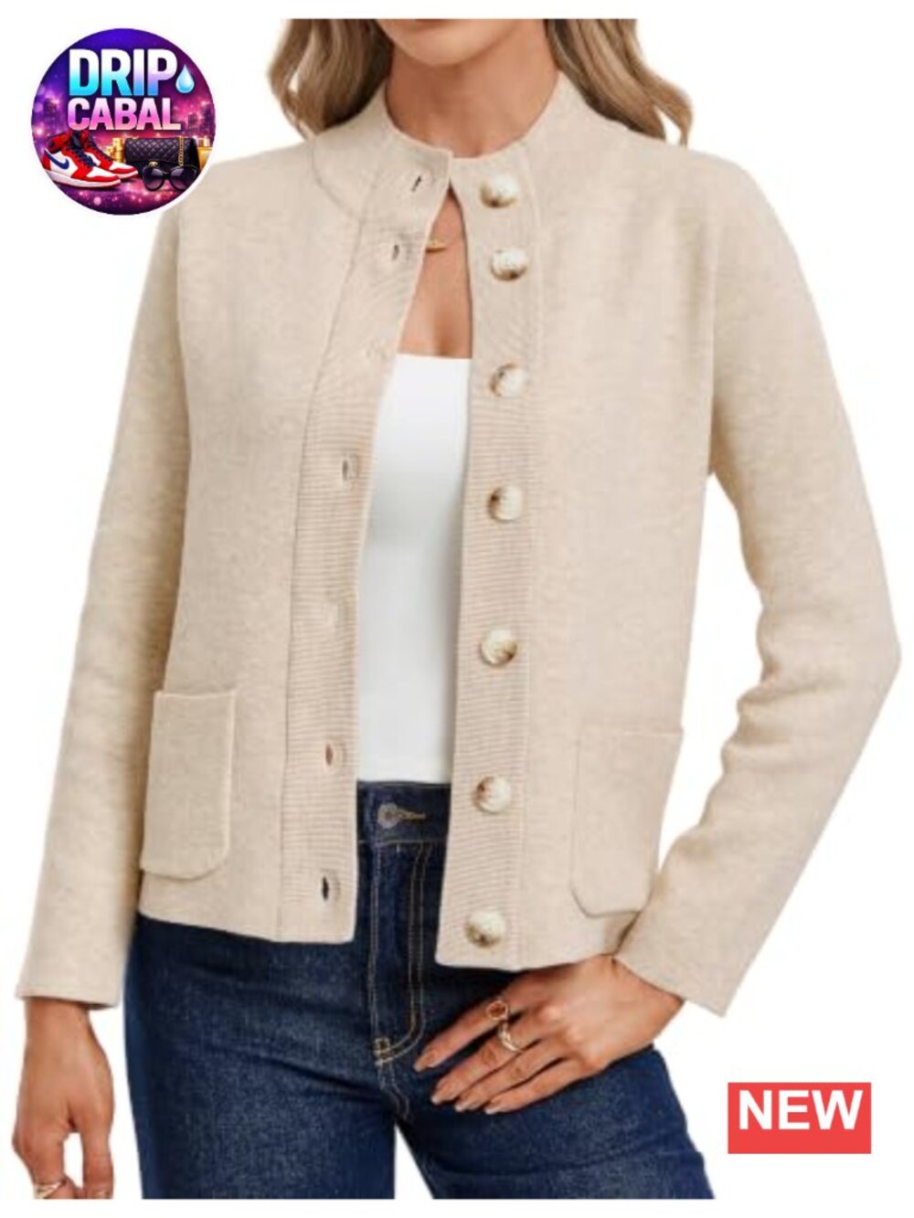 Chunky Knit Cardigan Sweater Mock Neck Button Down Pockets